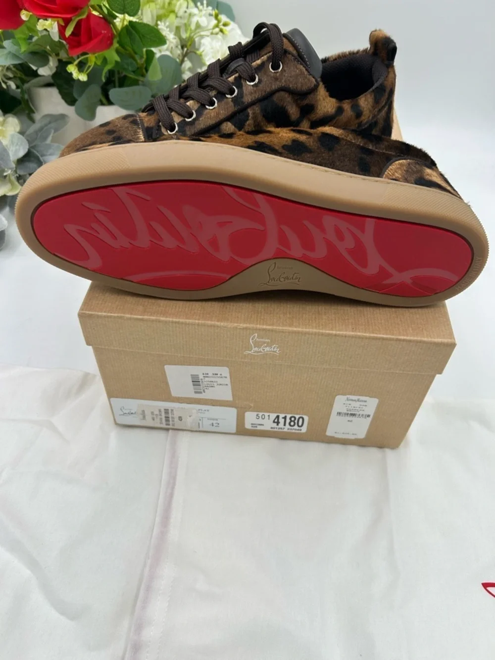 Men's Christian Louboutin Louis Jr leopard effect low top sneakers size 42